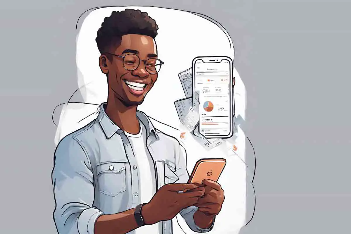 A close-up shot of a Black person smiling while looking at a phone with a budgeting app open.